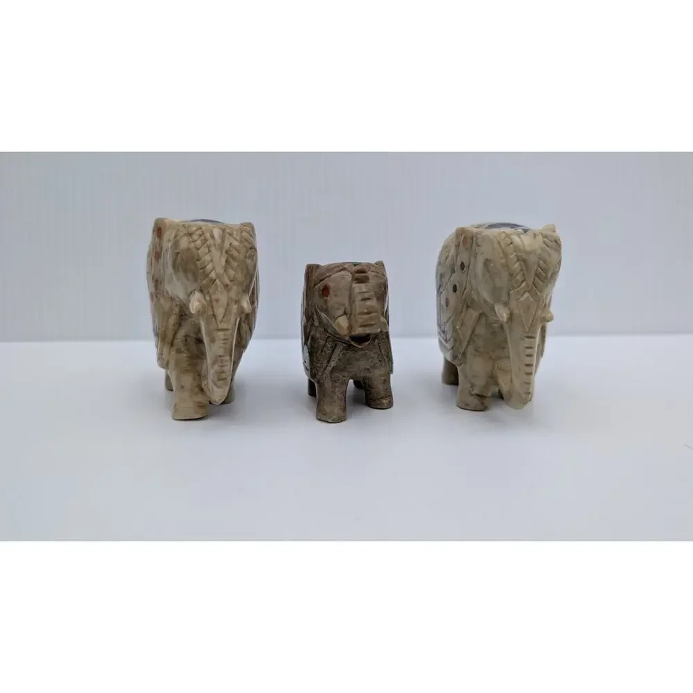 Set of 3 Inlaid Stone Marble (?) Elephants Floral Figurine Lot